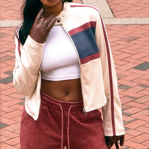 New PrettyLittleThing Faux Suede Contrast Panel Moto Jacket Size 10 - Picture 2 of 4